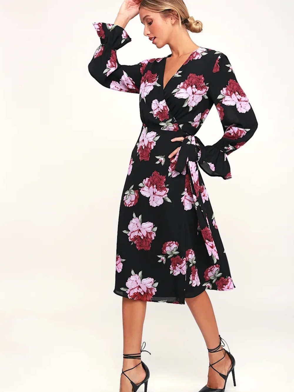 Lulus Romantic Blooms Black Floral Midi Wrap Dress | Size S
